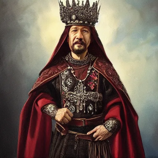 Image similar to “ an oil painting portrait of a hakerman wearing medieval royal robe and an ornate crown on a dark background ” digital art, concept art, highly detailed, 3 - d 4 k, trending on art station, award winning, mark brooks,