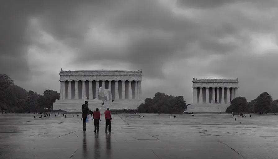 Prompt: father and son visiting destroyed lincoln memorial, cloudy day, hyperdetailed, artstation, cgsociety, 8 k