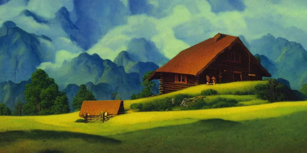 Image similar to a log cabin on a windy hillside, style of maxfield parrish, oil painting, high art,