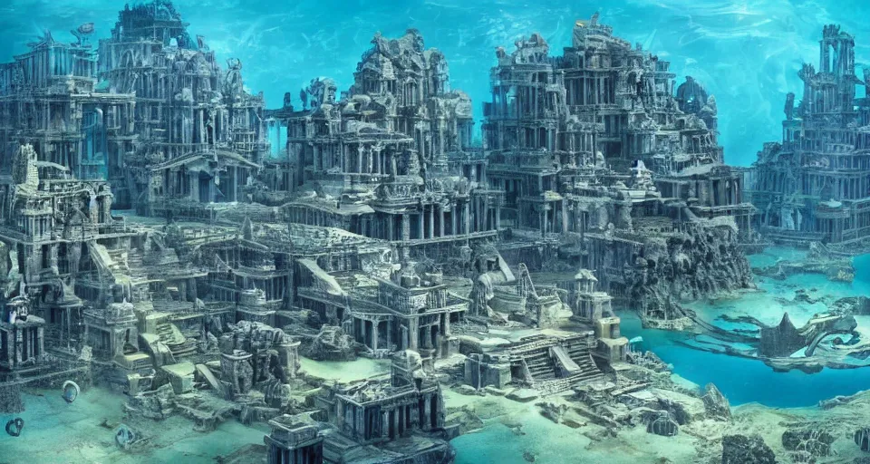 Prompt: a magnificent underwater photo of the lost city of Atlantis, fully built buildings, hyper detailed, 4K