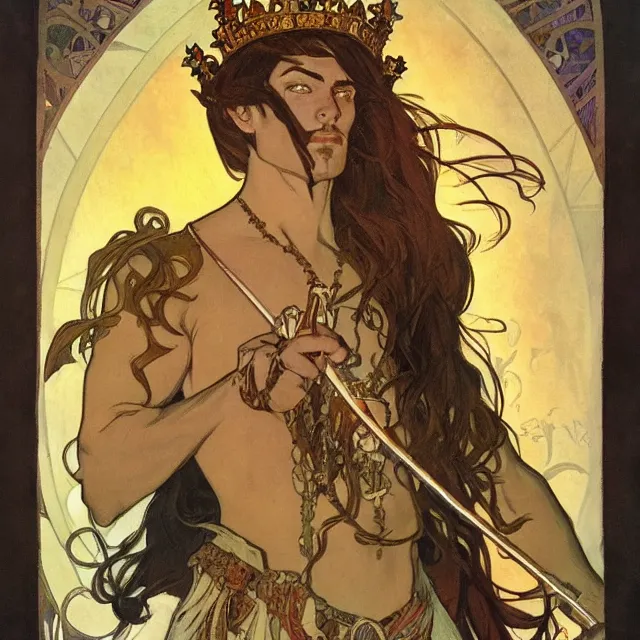 Prompt: an aesthetic! a detailed portrait of a man with a crown, holding a scepter by frank frazetta and alphonse mucha, oil on canvas, art nouveau dungeons and dragons fantasy art, hd, god rays, ray tracing, crisp contour lines, huhd