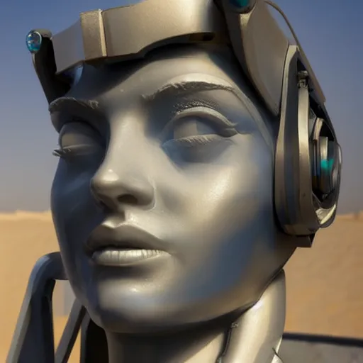 Image similar to the head of a marble cybernetic lady justice statue wearing a virtual reality headset on ground covered in sand, cyberpunk background, highly detailed, epic lighting, hyper photorealism, 8 k