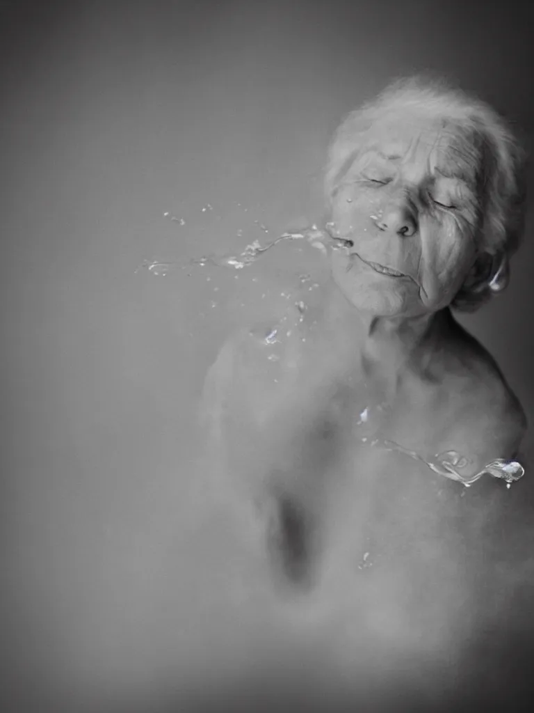Prompt: analog photographic portrait with 5 0 mm lens and f / 1 2. 0 of a 9 5. 0 1 years old woman woman with her eyes closed and spurting from her mouth a white viscous fluid floating in the air. with a slight variation of light in the liquid and gesture.