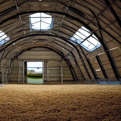 Image similar to interior view of modern futuristic farm barn architecture, cows, detailed luminescent oil painting 4 k