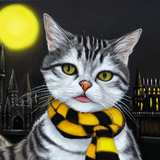 Prompt: oil painting wide shot from below of a white and grey tabby cat wearing a black yellow striped hufflepuff scarf, in front of hogwarts castle, digital painting, high detail, award-winning, playful, deep focus, realistic, hyperrealistic, magical