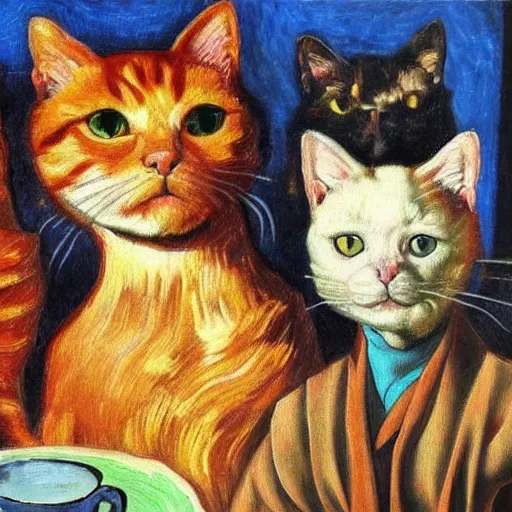Prompt: highly detailed, 4k, oil painting of cat Batistas and coffee beans by Caravaggio, Matisse, van Gogh and Rothko
