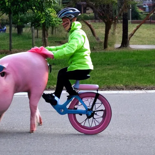 Image similar to an inside-out pig riding a bicycle