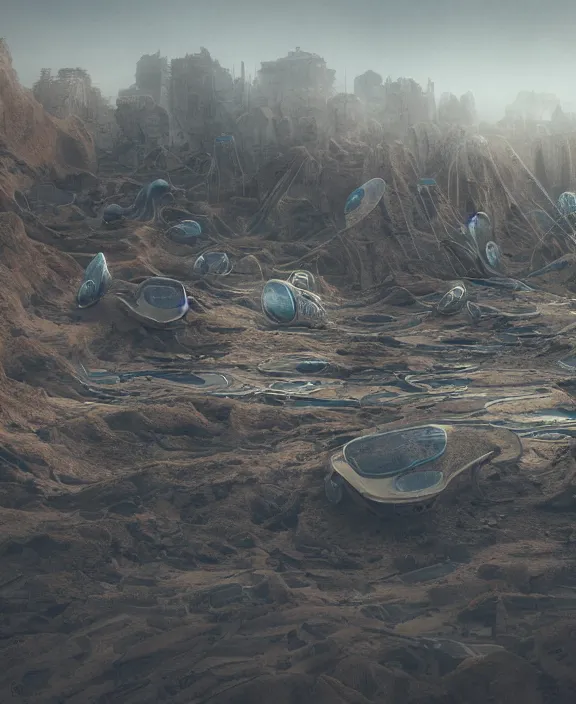 Image similar to surreal futuristic high tech bioremediation architecture in the desert, foggy, highly detailed, digital painting, arstation, concept art, hyperealistic octane render, unreal engine,