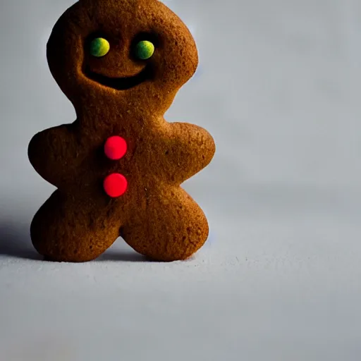 Image similar to a gingerbread man sits in a gingerbread house, contemplating existential dread. is he made of house? or is the house made of flesh? he screams for he does not know.