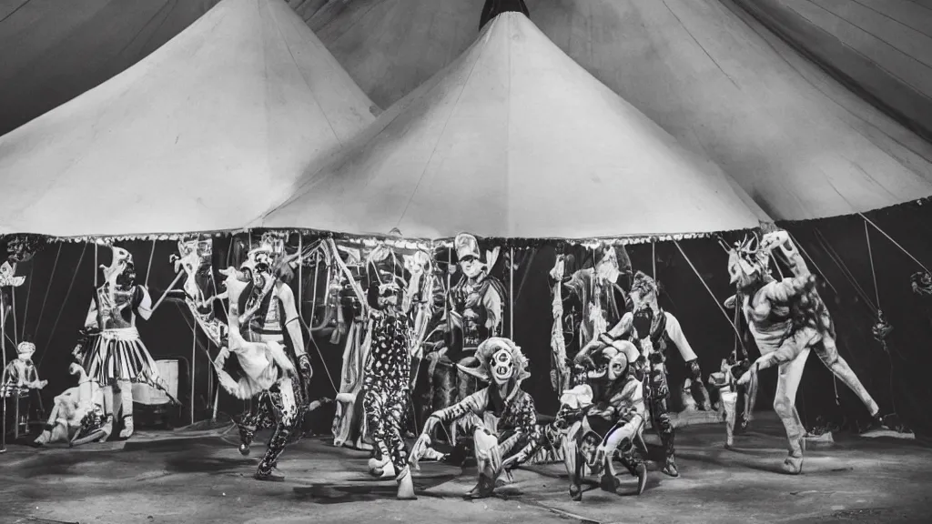 Prompt: of a gang of circus clowns, drinking alcohol, inside a circus tent