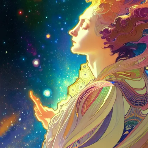 Image similar to highly detailed digital of colorful nebulas, planets in the background, highly detailed, intricate design, cinematic view, 8 k resolution, artstation by alphonse mucha, moebius, krenz cushart