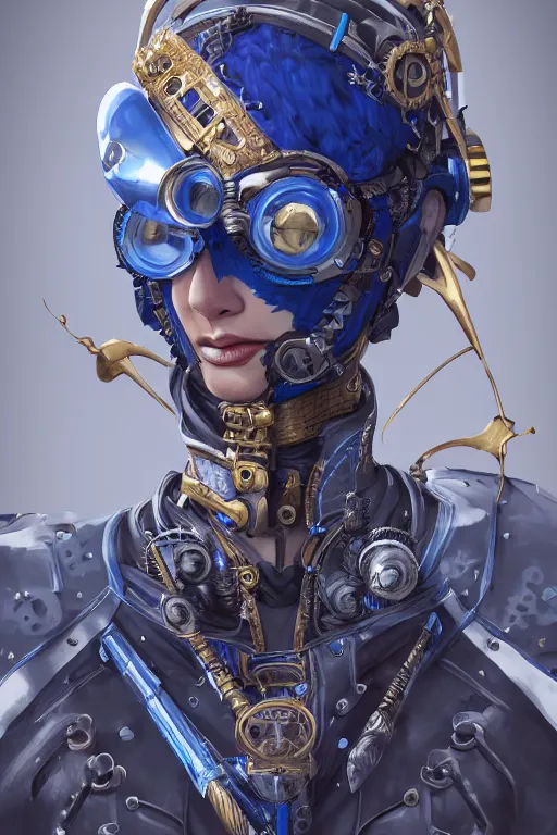 Image similar to Portrait of a steampunk sci-fi cyborg ninja, third person, D&D, sci-fi fantasy, intricate, blue and gold, highly detailed , art by Range Murata, highly detailed, 3d, octane render, bright colors, digital painting, trending on artstation, sharp focus, illustration style of Stanley Artgerm,