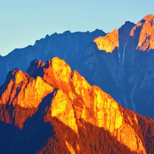 Image similar to an amazing photograph of a mountain range, the setting sun is shining on the peaks of the mountains