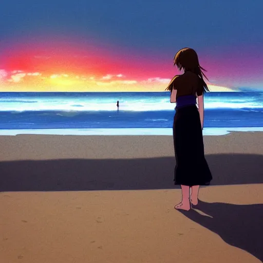 Image similar to woman looking at the sea on the beach during sunset, realistic shaded, highly detailed, anime, realistic, by hayao miyazaki