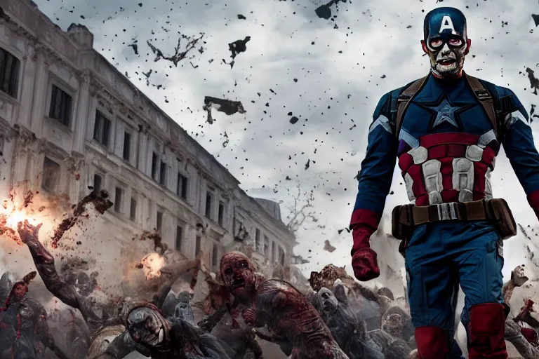 Prompt: film still of zombie Captain America in new avengers movie, 4k