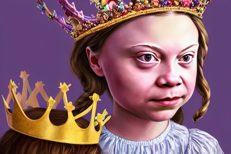 Image similar to closeup profile portrait of greta thunberg as a fairytale princess wearing a crown eating cakes in the castle kitchen, nicoletta ceccoli, mark ryden, lostfish, max fleischer, hyper realistic, artstation, illustration, digital paint, matte paint, vivid colors, bright, cheerful, detailed and intricate environment