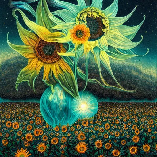 Image similar to detailed, intricate teal and iridescent, bioluminescent sunflowers in the field, nebula, galaxy in the sky, winning award masterpiece, fantastically beautiful, illustration, aestheticly inspired, jacek yerka, upscale with anguissola sofonisba work, artstation, 8 k