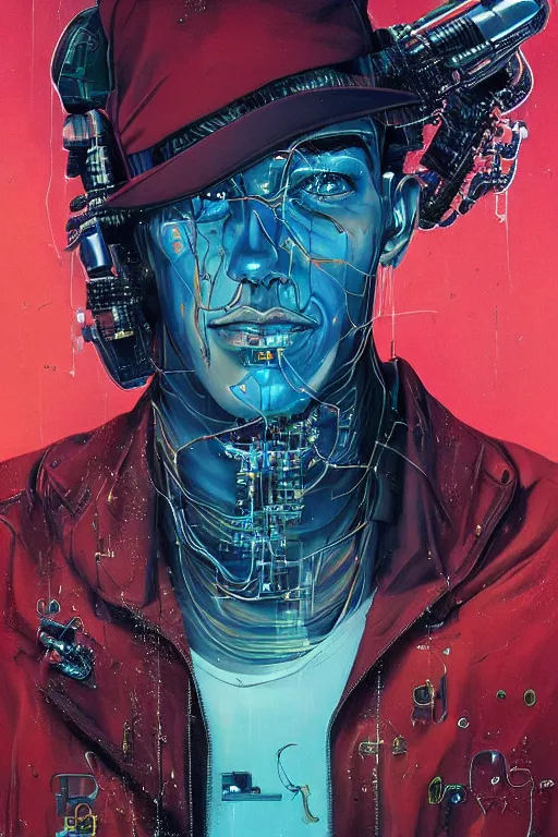 Image similar to portrait of computer & circuits, melting, jotaro kujo, 8 k, by tristan eaton, stanley artgermm, tom bagshaw, greg rutkowski, carne griffiths, ayami kojima, beksinski, giger, trending on deviantart, face enhance, hyper detailed, minimalist, cybernetic, android, blade runner, full of colour, super detailed