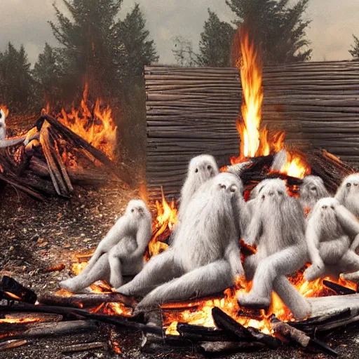 Image similar to Highly detailed, photorealistic, family of Yetis around a bonfire, by Gregory Crewdson