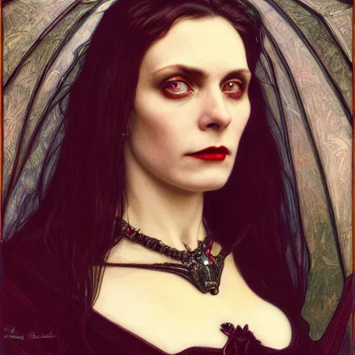 Prompt: portrait of a lady vampire, 35mm, victorian, depth of field, DOF, ominous, sharp, highly detailed, photorealistic, realistic, unreal 5, high definition, 8k, deviantart, donato giancola, irwin penn, Alphonse Mucha