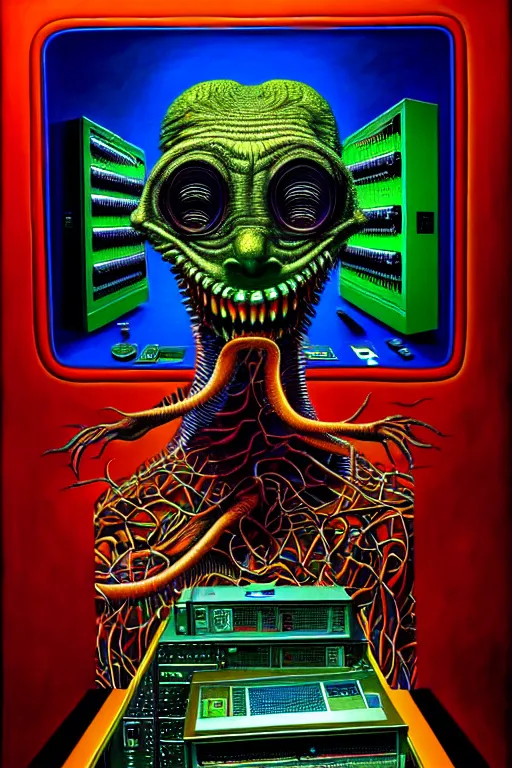 Prompt: a hyperrealistic painting of a super computer rendering a hideous creature, cinematic horror by jimmy alonzo, the art of skinner, chris cunningham, lisa frank, richard corben, highly detailed, vivid color,