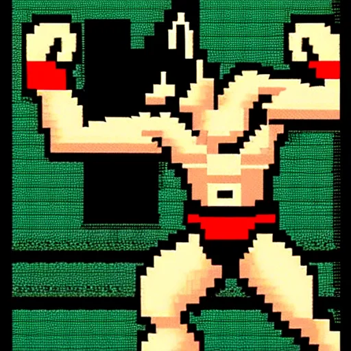 Image similar to extreme long shot. 8 bit nes graphics. antropomorphic muscular masculine wolf. kickboxer fighter in shorts. wolf head. art from nes game cartridge, unreal engine - h 7 6 8