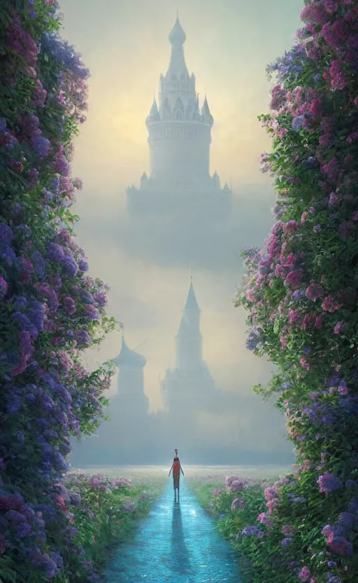 Image similar to vanishing point, palace like the kremlin in distance on a lake is covered with aqua blue roses, viewed from afar, stephen bliss, misty, unreal engine, fantasy art by greg rutkowski, loish, ferdinand knab, and lois van rossdraws,, global illumination, radiant light, minimalist, detailed and intricate environment