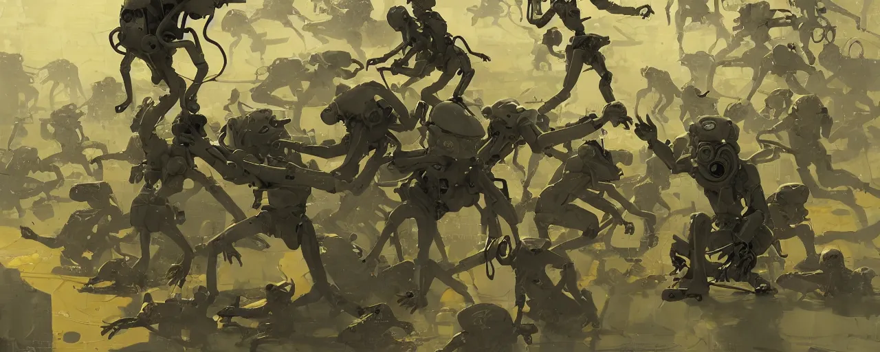Image similar to duotone olive green grey illustration 3 / 4 portrait of gollum kun fu fighting with yellow boston dynamics robots. dynamic chaotic composition accidental renaissance golden ratio. by sachin teng and sergey kolesov and ruan jia and heng z. graffiti art, scifi, fantasy, hyper detailed. octane render. concept art. trending on artstation