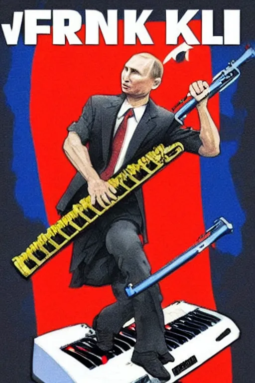 Prompt: Vladimur Putin rocking the Keytar in the style of Frank Frazetta