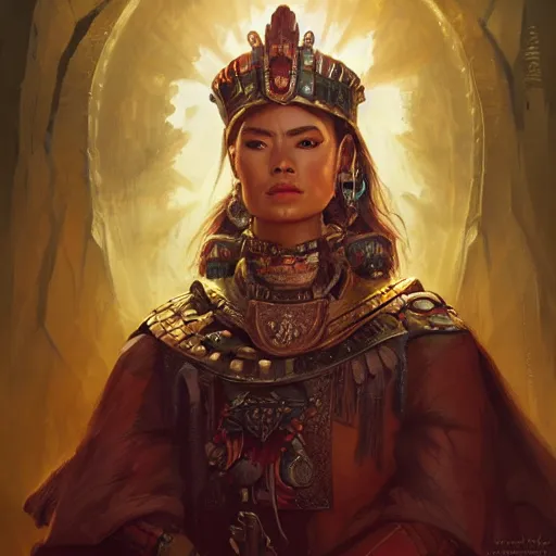 Prompt: incan empress, magaly solier, D&D, fantasy, portrait, highly detailed, digital painting, trending on artstation, concept art, sharp focus, illustration, art by artgerm and greg rutkowski and magali villeneuve