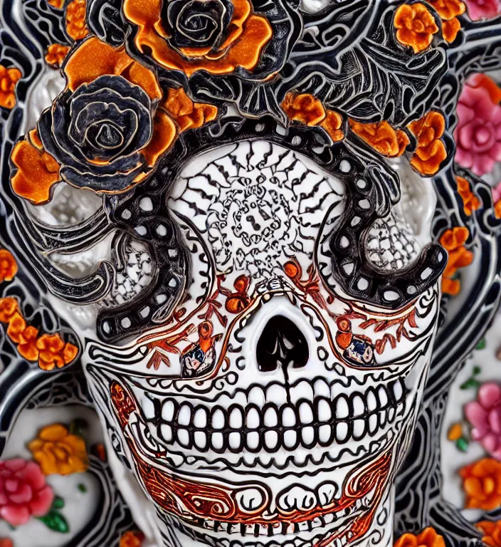 Image similar to La Catrina, A Close up photo-real delicate ceramic porcelain sculpture of a symmetrical ornate detailed in front of an intricate background by Victo Ngai and takato yamamoto, micro detail, backlit lighting, face in focus, subsurface scattering, translucent, thin porcelain, octane renderer, colorful, physically based rendering, japanese pottery, trending on cgsociety