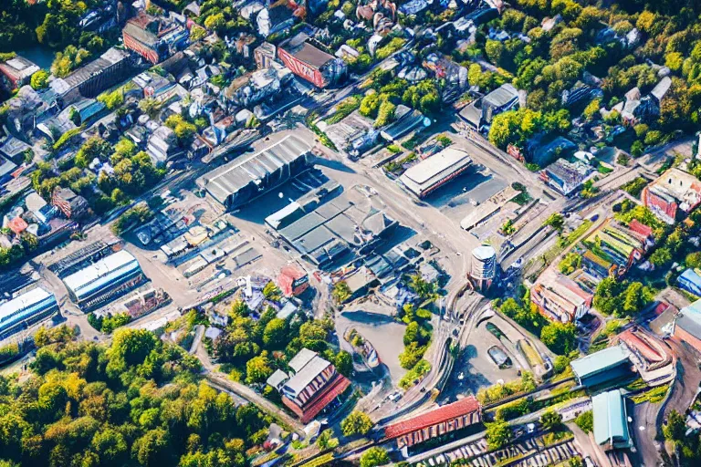 Image similar to bird's eye view photography of a small city. town hall, central farm, monorail station, beach and shipping dock. hills, woods and lake to the north.