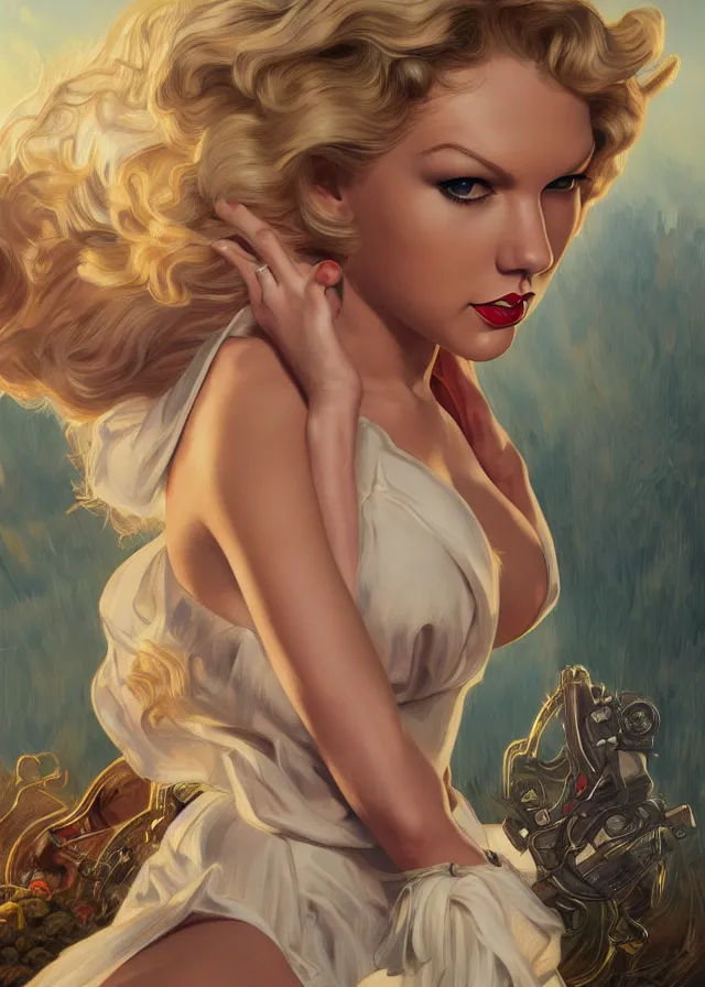 Image similar to ful length centerfold of taylor swift as a young marilyn monroe, elegant, flat lighting, intricate, highly detailed, digital painting, artstation, concept art, smooth, sharp focus, illustration, closeup, misa amane, art by simon bisley and greg rutkowski and alphonse mucha, novel cover