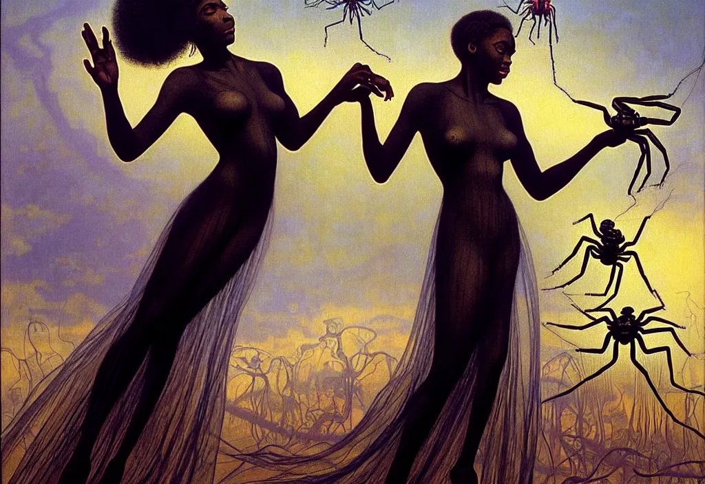 Image similar to realistic detailed portrait movie shot of a single beautiful black woman in a transparent sheer fabric dress dancing with a giant spider, futuristic sci fi landscape background by denis villeneuve, jean delville, yves tanguy, ernst haeckel, alphonse mucha, max ernst, caravaggio, roger dean, sci fi necklace, masterpiece, dreamy, rich moody colours