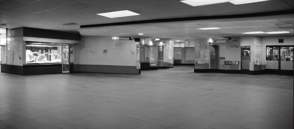 Prompt: circa 2 0 0 2 1 3 mm film photograph of an empty mcdonalds, liminal, dark, flash on, blurry, grainy, unsettling