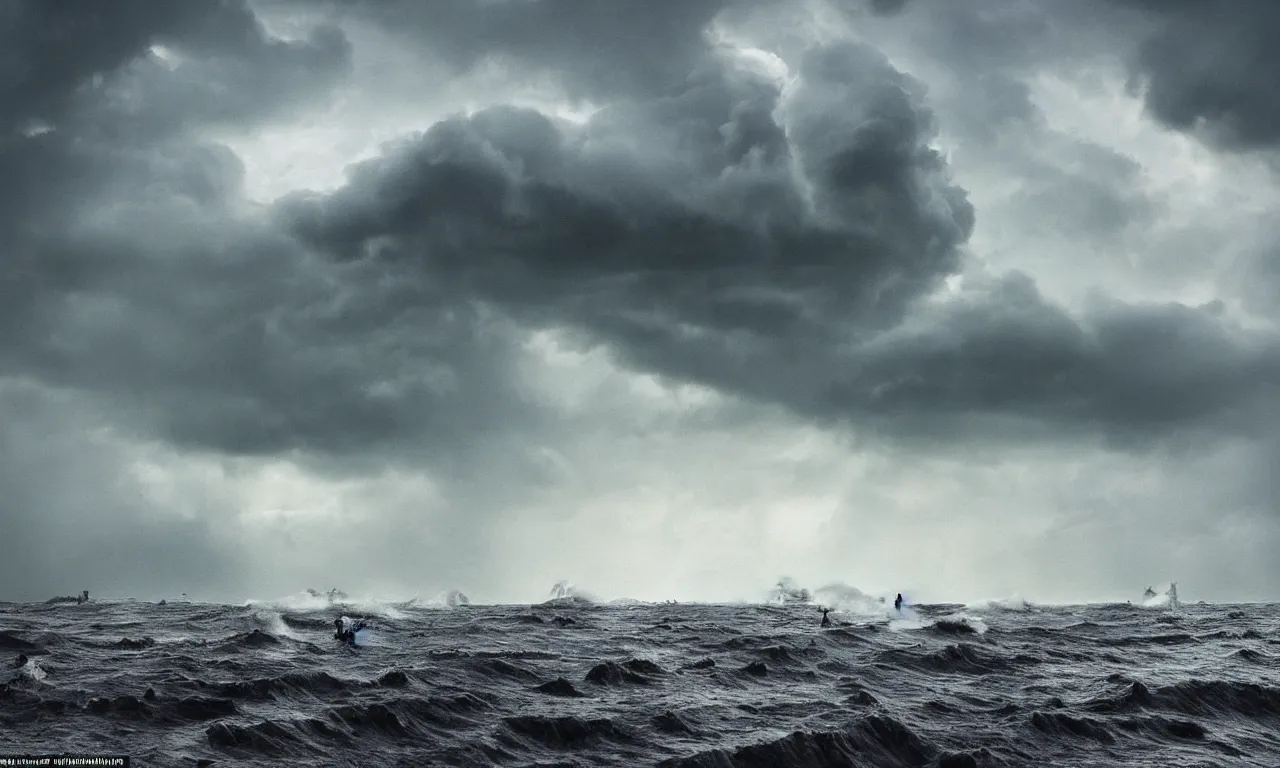 Image similar to a gigantic monster that looks like a mixture of monkfish with crocodile limbs, wet and slimy with a very large mouth, is coming out of the sea dragging its enormous weight with effort on a beach, there are people fleeing in terror, photo-realistic, stormy sky, photo by national geographical