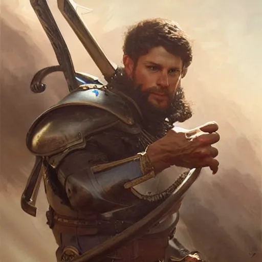 Image similar to Ranger marching toward the viewer, male, muscular, blue eyes!!!!, straight nose!!!, detailed face, exposed thighs!!!, fantasy, medieval, highly detailed, painting by greg rutkowski