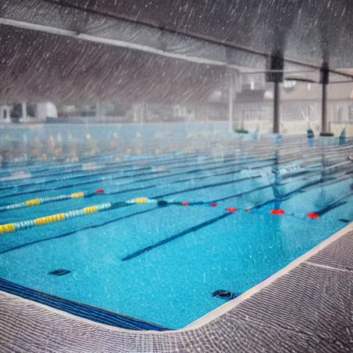 Prompt: rainy day at outdoor swimming pool in polish town