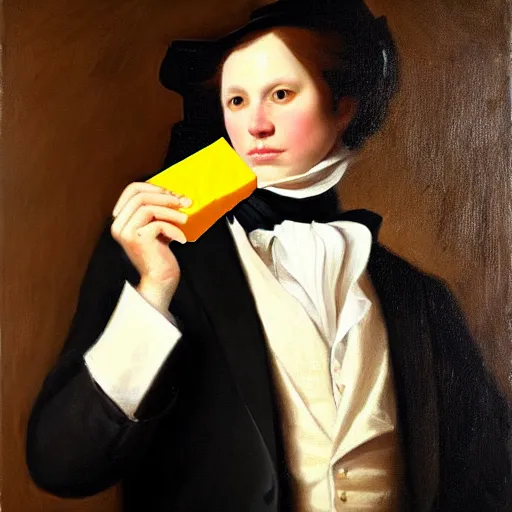 Prompt: portrait of a cat wearing a black suit jacket and holding a piece of cheese, tan vest, and white ascot, an american romanticism painting, a portrait painting, cgsociety, soft focus, oil on canvas