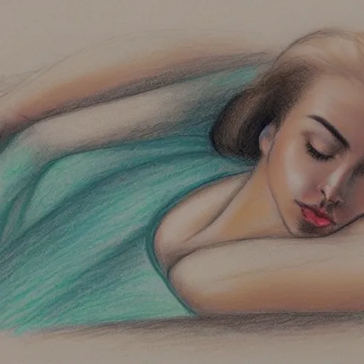 Prompt: This drawing is a beautiful example of use of color and light. The drawing depicts a woman reclining on a couch, with her head turned to the side and her eyes closed. The woman's body is bathed in a light, and her skin appears to glow. The artist has used a soft, delicate palette to create a sense of tranquility and serenity. The drawing is elegant and graceful, and the woman's face is incredibly expressive. It is a truly beautiful drawing. avant-garde, Korean folk art by Anne-Louis Girodet, by Joan Miro peaceful