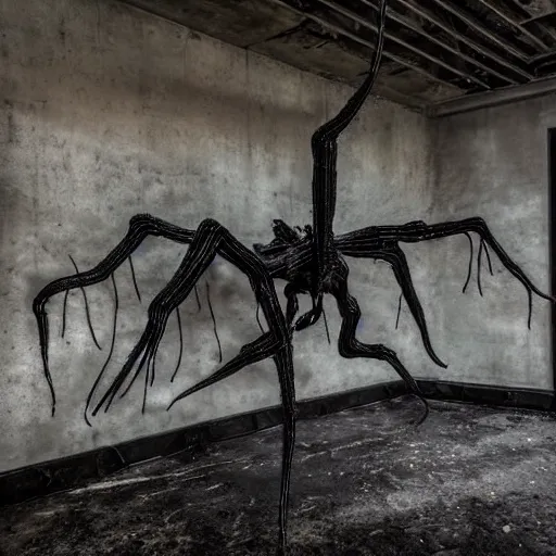 Prompt: “3d black metal abstract sculpture with three spidery wings made of glossy black liquid latex, iron and asphalt, suspended from ceiling in abandoned basement, brutalist, designed by rick owens, andrei tarkovsky and hr giger, asymmetrical composition, 8k hyperrealistic, hyper-detailed, highly textured, dark volumetric lighting, fine details, muted, octane render, asymmetry” — h 768 - n 7 —i