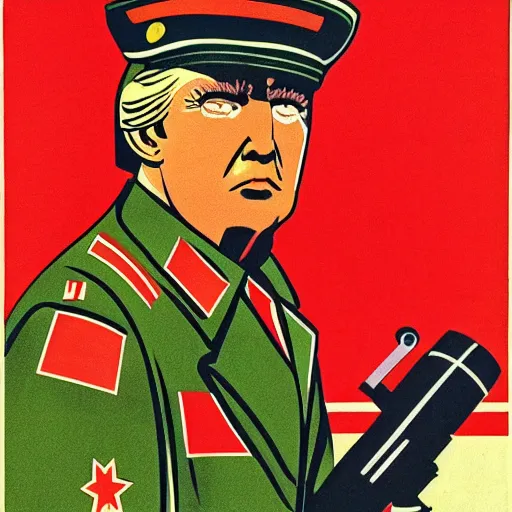 Prompt: ussr propaganda art demonstrating red army soldier looking as donald trump in world war two, pop art, detailed face