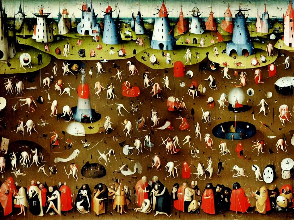 Prompt: Wheres Waldo in a painting by Hieronymus Bosch