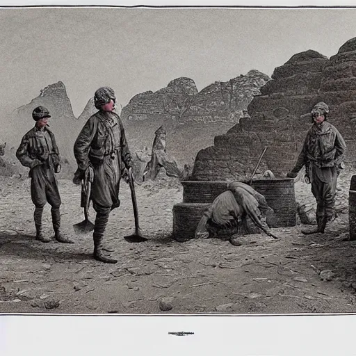 Image similar to ultra detailed photorealistic sepia - toned line drawing from 1 9 1 7, three british soldiers standing at an archaeological dig site in wadi rum, ultra realistic, painted, intricate details, lovecraft, atmospheric, dark, horror, brooding, highly detailed, by clyde caldwell