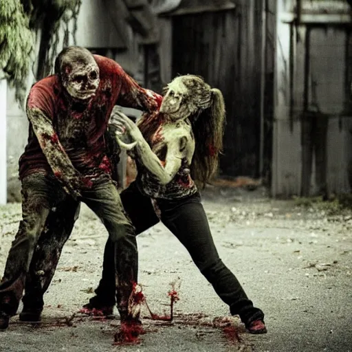 Prompt: horror movie still of two zombie woman fighting,