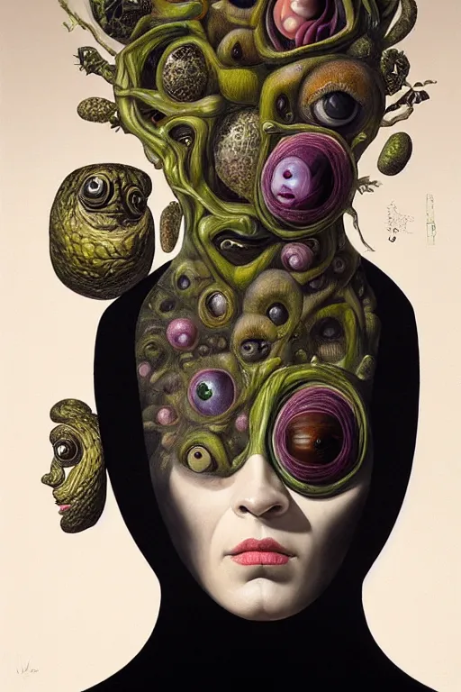 Prompt: a strange surrealist, biomorphic, portrait of a woman with large eyes wearing a black turtleneck, by dali, marco mazzoni, james jean and rachel ruysch, emotionally evoking, looming, head in focus, arcimboldo, volumetric lighting, masterpiece