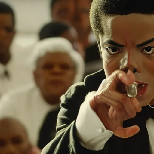 Prompt: cinematic still of Michael Jackson preaching at a Baptist Church in Rural Tennessee, close up, shallow depth of field, directed by Jordan Peele, cinematic