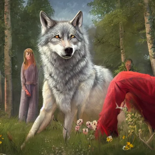 Image similar to midsommar alternate stories : the wolf, oil painting, ultradetailed, artstation, ultradetailed, digital painting, ultradetailed