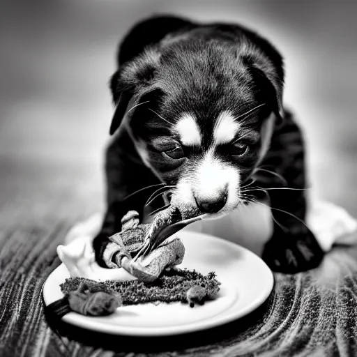 Prompt: black and white photography of a puppie sharing his meal with a small baby cat, animal photography, award winning photography by Leonardo Espina