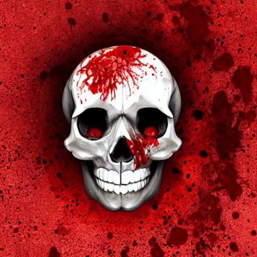 Image similar to skull in a pool of blood with blood splatter on the skull